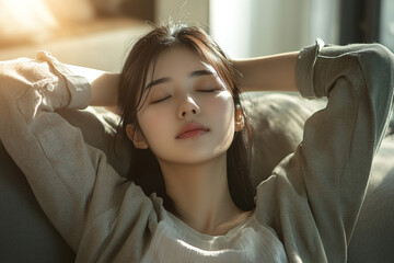 Fototapeta premium Young Asian woman in a serene pose on a sofa, eyes closed, hands behind her head, dressed casually, in a softly lit living room, depicted in a hyper-realistic photorealistic style.
