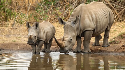 Fototapeta premium Adult rhinoceros and its calf drinking water from a muddy pool in the African savanna.