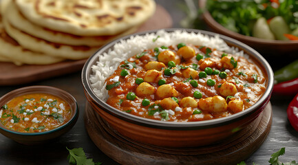 Colorful Kashmiri vegetarian meal featuring spicy curry, basmati rice, and naan bread, AI generated