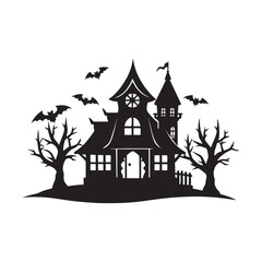 black flat halloween house silhouette vector, white background