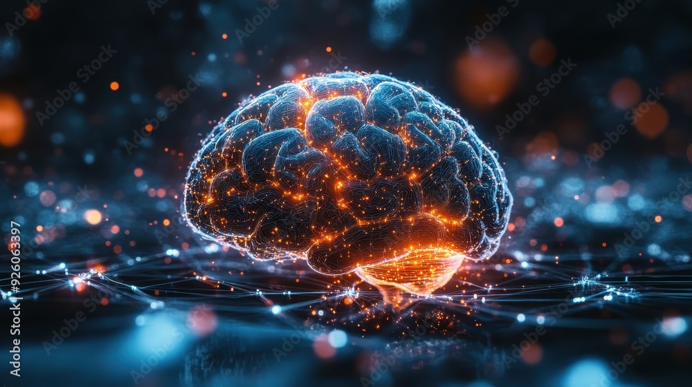 Poster A digital brain made of light, with AI-powered neural networks connecting around it, symbolizing advanced artificial intelligence, with copy space for text