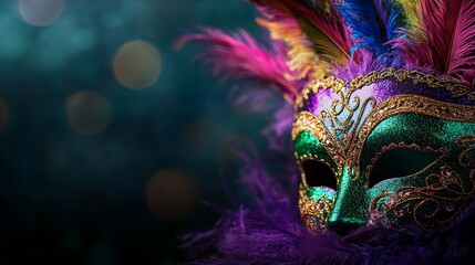 Mardi Gras carnival mask with green, purple and gold colors. Mardi Gras carnival background with decorative mask. Mardi Gras carnival mask with colorful feathers on dark background. Copy space area