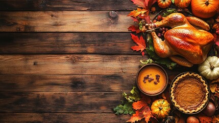 Thanksgiving Feast: A rustic wooden table adorned with a golden roasted turkey, pumpkin pie, gravy, and autumnal foliage, symbolizing the warmth and abundance of the holiday season.  