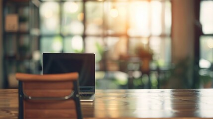Laptop on a Wooden Desk in a Cafe