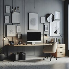 Naklejka premium Modern Home Office Interior Design with Minimalist Decor and Desk