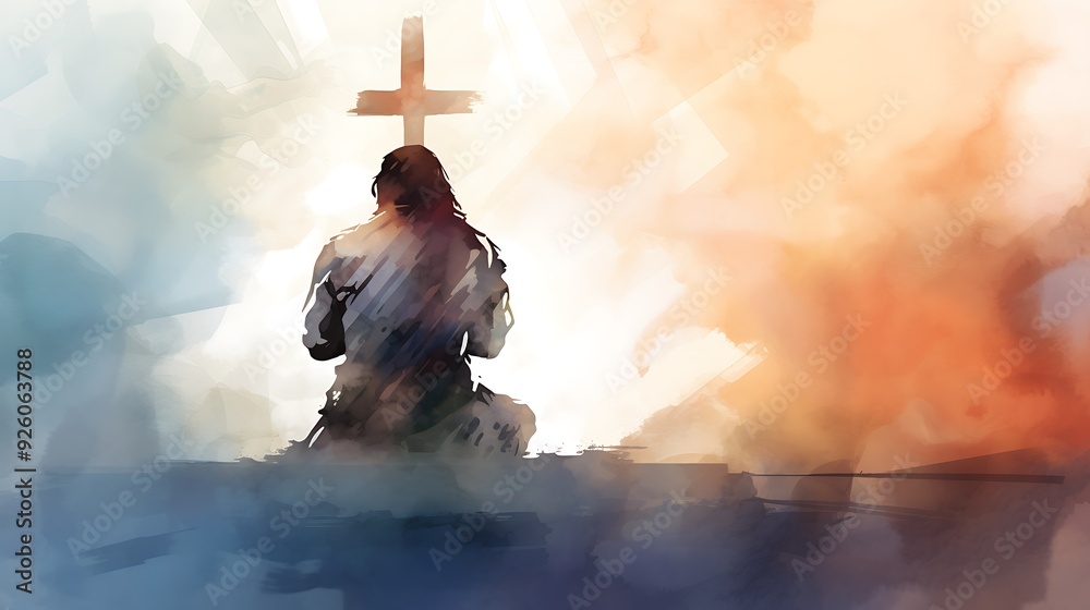 Wall mural Christian man praying, Jesus silhouette and cross in background. Digital watercolor