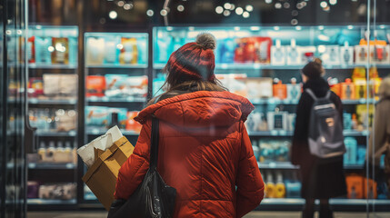 Fototapeta premium Woman in Red Winter Coat Shopping at Night in Illuminated Storefront