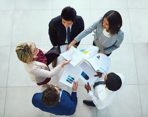 Business people, documents and above with charts, group and circle for stats, review or support in...