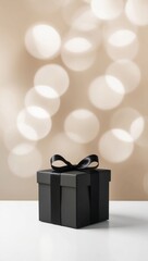 Luxury black gift box with black ribbon against bokeh background, Men's day, father's day. Valentine's Day, Holidays gifts concept, anniversary, birthday. Copy space template backdrop