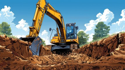 Obraz premium Cartoon vector trenchers digging trenches for utility lines