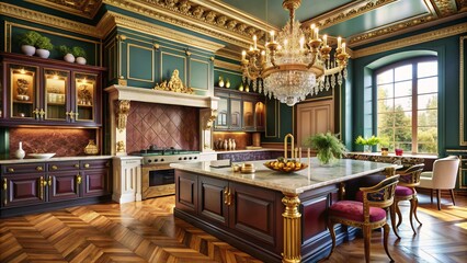 rich jewel-toned walls and ornate gold fixtures surround grand stone fireplace in luxurious traditional kitchen with exquisite chandelier