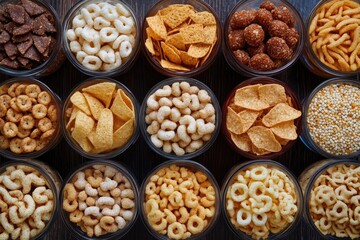 Fototapeta premium Various snacks in glass bowls on wood. The image features an assortment of popular snacks, ideal for food and beverage, or diet and nutrition concepts.