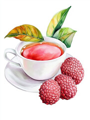 Watercolor Lychee tea with lychee fruits illustration, isolated on white background, sweet Drink