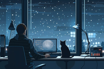 A Man Working On His Computer In A Snowy Night