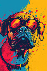 Cool boxer dog wearing sunglasses illustration with colorful grunge background