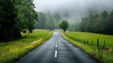 Fototapeta premium Endless road of travel on rural highways There are natural trees on both sides of the road.