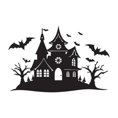 black flat halloween house silhouette vector, white background
