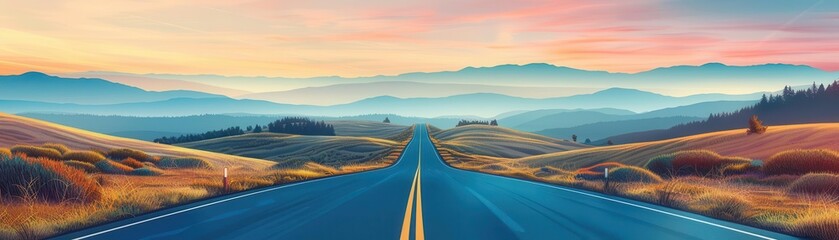 Highway roadtrippers, flat design, top view, freedom journey to the horizon, cartoon drawing, colored pastel, copy space for text
