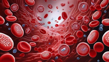 血管の中を流れる大量の赤血球、白血球、血小板のイメージ