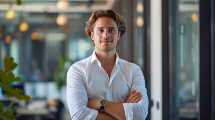 Obraz premium Portrait of a young man in a shirt against the background of a modern light office. Lifestyle.