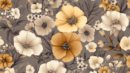 Elegant floral pattern featuring soft beige and gold flowers on a muted background, perfect for home decor or fashion design.