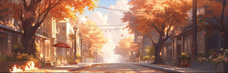 Enchanting Anime-Style Autumn Ancient Alley: Timeless Traditional Architecture in an Autumn-Lit Ancient Town, Ideal for Game Concept and 4K Seasonal Illustrations.