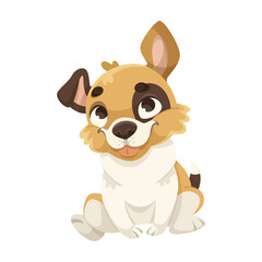 Cute cartoon puppy with big eyes and a playful expression sitting on a white background. Concept of adorable pets and playful animals. Vector illustration