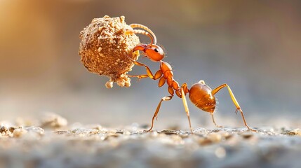 Macro photograph of ant carrying food back to its colony