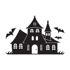 black flat halloween house silhouette vector, white background