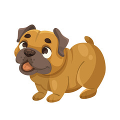 Adorable cartoon dog with a happy expression and wagging tail, depicted in playful and cute graphic style, set against a plain white background. Concept of pets, animals, and joy. Vector illustration