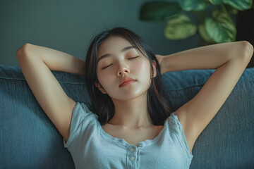 Relaxed young Asian woman on a sofa at home, casual attire, eyes closed with a peaceful expression, hands behind her head, in a calm and cozy living room, depicted in photorealistic style.