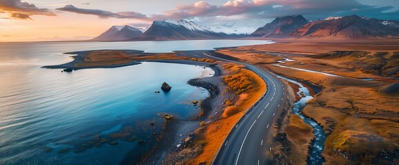 Aerial view of a scenic road winding through a dramatic landscape of mountains, a blue lake, and a river with a sunset sky.