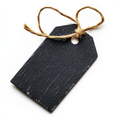 Close up of Black Craft paper tag with twine on an isolated white background