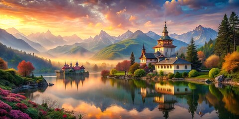 Fototapeta premium Golden hour paints a serene canvas where ancient architecture mirrors in tranquil water, as the sun dips below a picturesque horizon