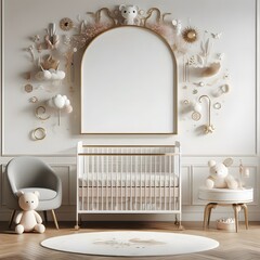 Modern Nursery Decor with White Crib, Gold Accents, and Plush Toys