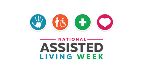 National Assisted Living Week. Hand, people, plus icon and heart. Great for cards, banners, posters, social media and more. White background.
