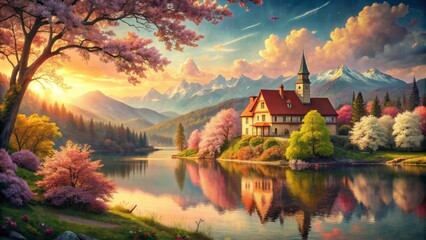 Fototapeta premium landscape with lake and church