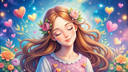 Blond lady with floral crown, delicate vector art