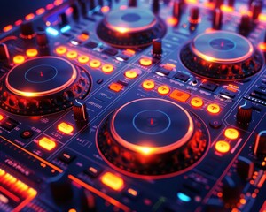 DJ turntable, AI interface, vibrant neon, high detail, dynamic
