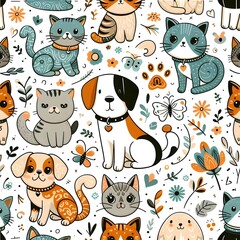 Cute Cartoon Cats, Dogs, and Flowers Seamless Pattern