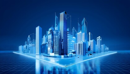 3D render of a big city with many tall buildings in futuristic holographic style.