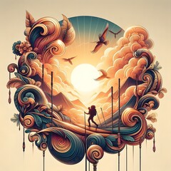 Surreal Mountain Landscape with a Hiker and Birds in Flight