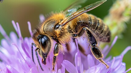 Macro shot of honeybee resting on purple flower, highlighting its legs and wings
