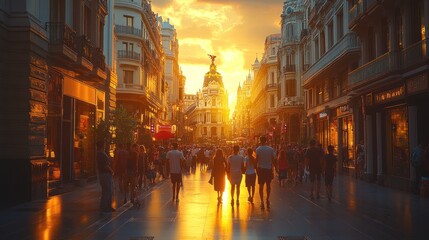 Obraz premium Sunset in Madrid's Gran Via