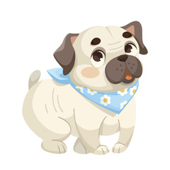 Illustration of a cute pug wearing a blue bandana with white flowers. The dog has a happy expression and is shown on a white background. Concept of adorable pets. Vector illustration