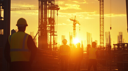 Construction workers monitor site progress as the sun sets, showcasing a vibrant skyline filled with cranes and scaffolding.