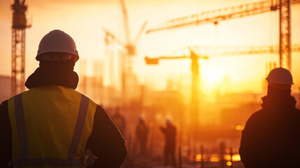 Construction workers observe the sunset over a bustling job site, showcasing teamwork and industry in a vibrant city landscape.