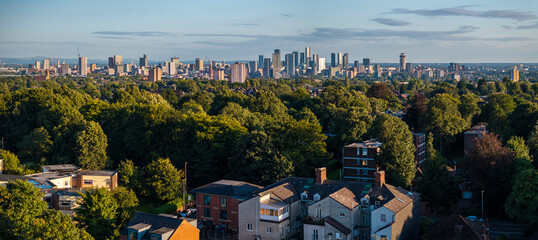 Panoramic aerial view of Manchester skyline from the suburban areas at Crumpsall 