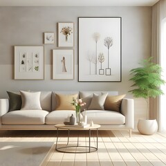 Minimalist Living Room Interior Design with Sofa, Coffee Table and Plant