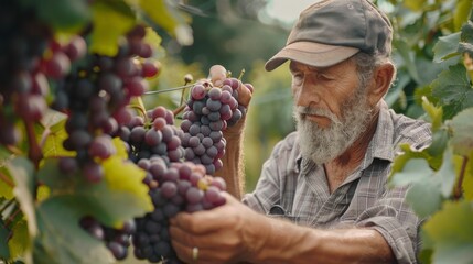 The farmer carefully examines ripe grape clusters, ensuring quality while enjoying the bright sun and lush greenery surrounding the vineyard.
